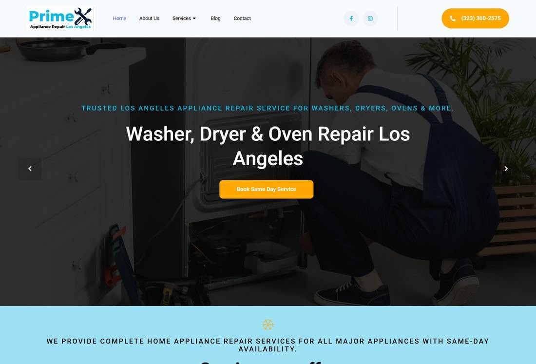 Prime Appliance Repair LA website screenshot